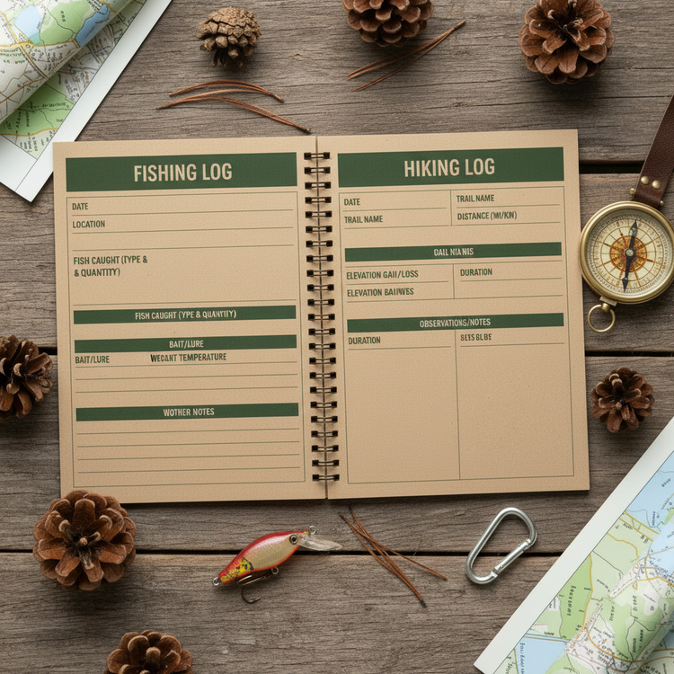 Printable fishing and hiking log pages from the Ultimate Camping Planner Premium Edition