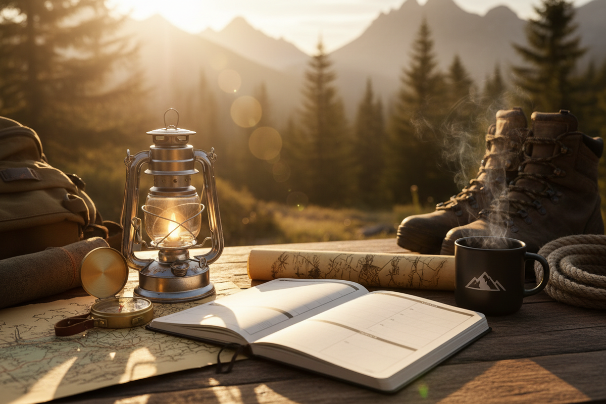 Planner beside camping gear
